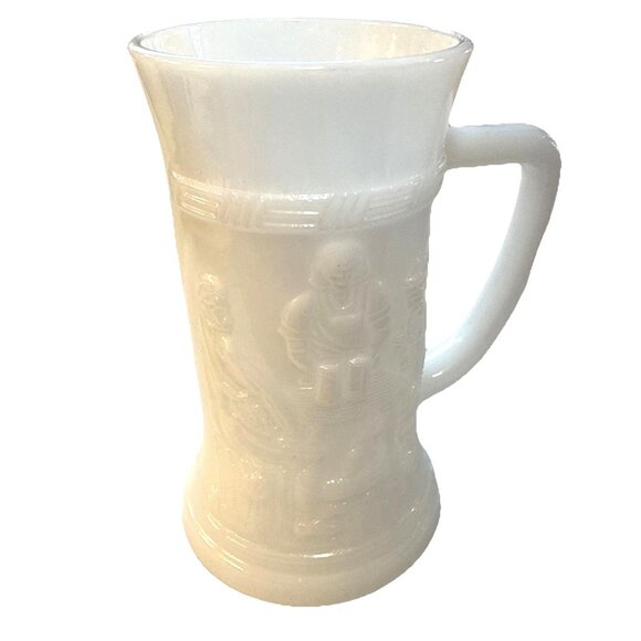 federal glass Other - White Federal Milk Glass Vintage Stein Beer Mug Embossed Tavern Bar Pub Scene